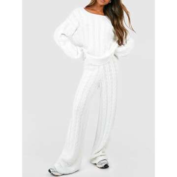 Women Cable Knit Two Piece Outfit Solid Color Long Sleeve Sweater Pullover Top Wide Leg Pants Casual...