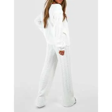 Women Cable Knit Two Piece Outfit Solid Color Long Sleeve Sweater Pullover Top Wide Leg Pants Casual Loose Loungewear (White, L)
