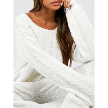 Women Cable Knit Two Piece Outfit Solid Color Long Sleeve Sweater Pullover Top Wide Leg Pants Casual Loose Loungewear (White, L)