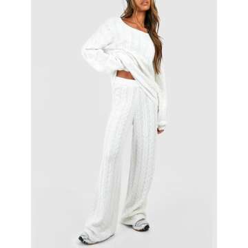 Women Cable Knit Two Piece Outfit Solid Color Long Sleeve Sweater Pullover Top Wide Leg Pants Casual Loose Loungewear (White, L)