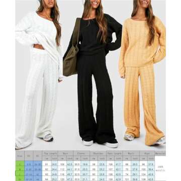 Women Cable Knit Two Piece Outfit Solid Color Long Sleeve Sweater Pullover Top Wide Leg Pants Casual Loose Loungewear (White, L)