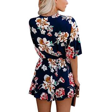 AIMCOO Women's Summer Deep V-Neck Floral Print Romper Ruffle Hem Half Flared Sleeve Jumpsuits Waist ...