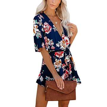 AIMCOO Women's Summer Deep V-Neck Floral Print Romper Ruffle Hem Half Flared Sleeve Jumpsuits Waist Tie Casual Short Rompers
