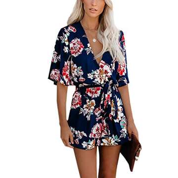 AIMCOO Women's Summer Deep V-Neck Floral Print Romper Ruffle Hem Half Flared Sleeve Jumpsuits Waist Tie Casual Short Rompers