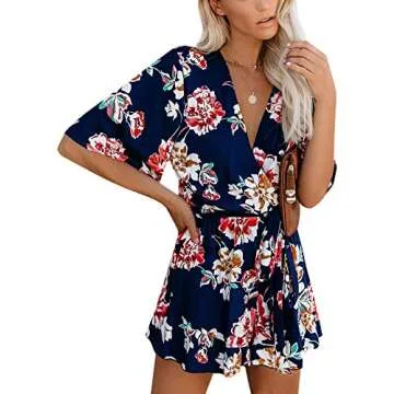 AIMCOO Women's Summer Deep V-Neck Floral Print Romper Ruffle Hem Half Flared Sleeve Jumpsuits Waist Tie Casual Short Rompers