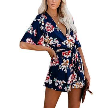 AIMCOO Women's Summer Deep V-Neck Floral Print Romper Ruffle Hem Half Flared Sleeve Jumpsuits Waist Tie Casual Short Rompers