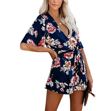 AIMCOO Women's Summer Deep V-Neck Floral Print Romper Ruffle Hem Half Flared Sleeve Jumpsuits Waist Tie Casual Short Rompers