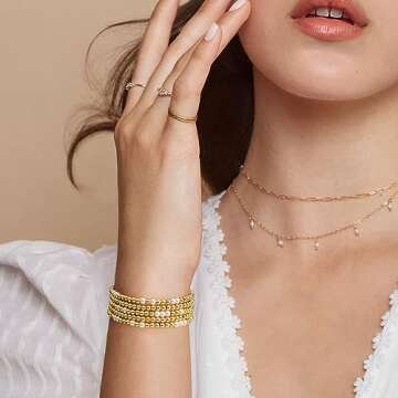 jollone Gold Bracelets for Women Gold Bracelet Stack Pearl Bracelet Beaded Bracelets for Women 14K Gold Plated Stretch Bead Ball Bracelet Sets Jewelry for Christmas Birthday Gifts