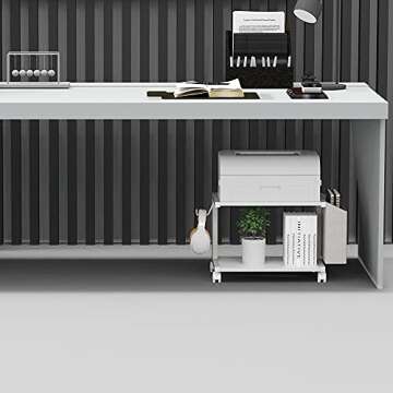 VEDECASA 2 Tier Modern White Wooden Under Desk Printer Stand with Storage Bag for Home Office Desktop Printer Table Organizer Mobile Printer Shelf Cart with Caster Wheel (White)