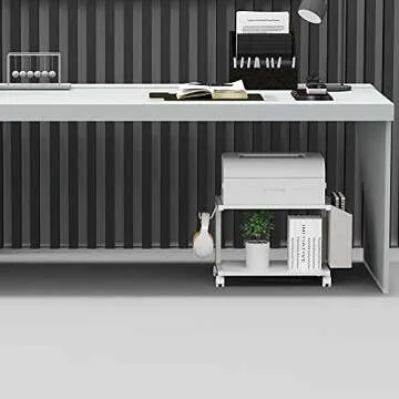 VEDECASA 2 Tier Modern White Wooden Under Desk Printer Stand with Storage Bag for Home Office Desktop Printer Table Organizer Mobile Printer Shelf Cart with Caster Wheel (White)