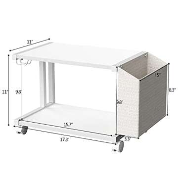 VEDECASA 2 Tier Modern White Wooden Under Desk Printer Stand with Storage Bag for Home Office Desktop Printer Table Organizer Mobile Printer Shelf Cart with Caster Wheel (White)