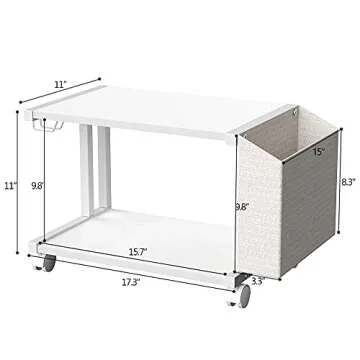 VEDECASA 2 Tier Modern White Wooden Under Desk Printer Stand with Storage Bag for Home Office Desktop Printer Table Organizer Mobile Printer Shelf Cart with Caster Wheel (White)