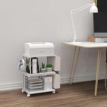 VEDECASA 2 Tier Modern White Wooden Under Desk Printer Stand with Storage Bag for Home Office Desktop Printer Table Organizer Mobile Printer Shelf Cart with Caster Wheel (White)