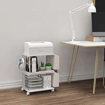 VEDECASA 2 Tier Modern White Wooden Under Desk Printer Stand with Storage Bag for Home Office Desktop Printer Table Organizer Mobile Printer Shelf Cart with Caster Wheel (White)