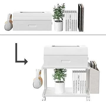 VEDECASA 2 Tier Modern White Wooden Under Desk Printer Stand with Storage Bag for Home Office Desktop Printer Table Organizer Mobile Printer Shelf Cart with Caster Wheel (White)