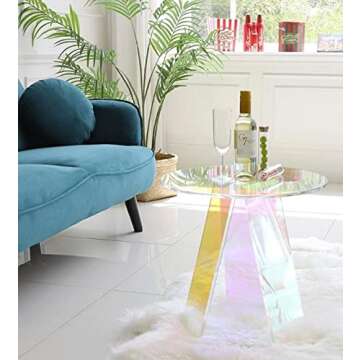 BEANLEFFEN Acrylic Side Table Iridescent End Table, Round Bedside Tables Clear Night Stands for Small Spaces, Bistro, Outdoors (17.7" x 18.5")