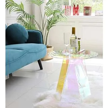BEANLEFFEN Acrylic Side Table Iridescent End Table, Round Bedside Tables Clear Night Stands for Small Spaces, Bistro, Outdoors (17.7" x 18.5")