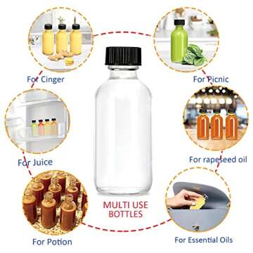 12pack 2oz Sample Bottles Glass Bottles With Caps,Wellness Shot Bottles for Bourbon Whiskey,liquor,Juice,Potion,Oils,Vanilla Extract,Tincture,Hot Sauce,Syrup,with Funnels,Labels,Brush,No Leakag