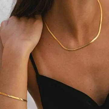 CHESKY 14K Gold Plated Snake Chain Necklace Gold Herringbone Necklace for Women Minimalist Necklace Chain 3MM(W) 16"(L)