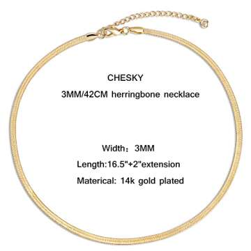 CHESKY 14K Gold Plated Snake Chain Necklace Gold Herringbone Necklace for Women Minimalist Necklace Chain 3MM(W) 16"(L)