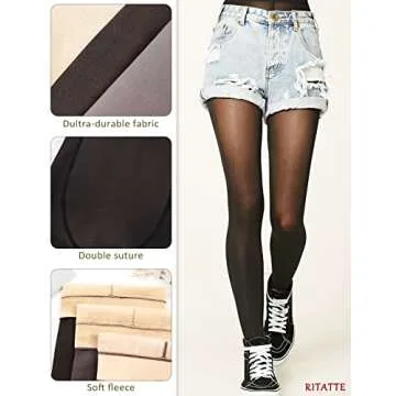 Ritatte Thick Fleece Lined Tights for Women, Fake Warm Translucent Pantyhose, Stretchy High Waist Sheer Solid Leggings. (220g, Black-Stirrup)