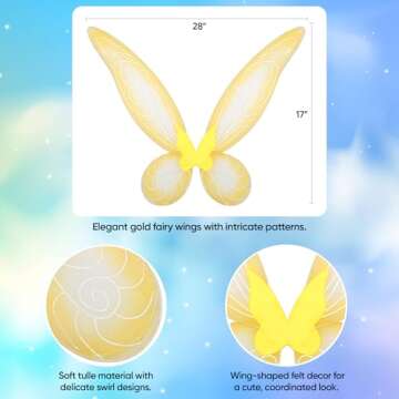 Funcredible Gold Fairy Wings, Fairy Crown and Glitter - Fairy Costume Accessories - Butterfly Costum...