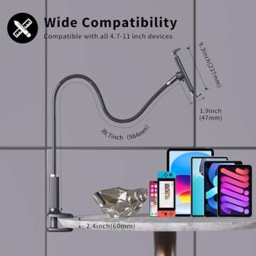 wigmoa K-MT 【38.7inch/98cm】 Tablet Phone Holder Bed Gooseneck Mount, Mount Holder Clip with Grip Flexible Long Arm Compatible for ipad iPhone/Switch/Samsung Tabs/Kindle Fire HD K-MT(Black)