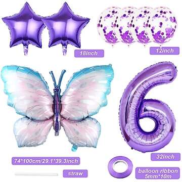 Weenkeey 6th Butterfly Birthday Balloons Giant Purple Butterfly Aluminum Foil Balloon Number 6 Mylar...