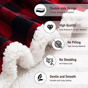 BEAUTEX Sherpa Fleece Flannel Throw Blanket, Super Soft Warm Buffalo Plaid Plush Blankets and Throws,Cozy Fuzzy Christmas Blanket for Couch Sofa Bed (Red, Throw 50" x 60")