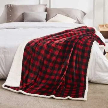 BEAUTEX Sherpa Fleece Flannel Throw Blanket, Super Soft Warm Buffalo Plaid Plush Blankets and Throws,Cozy Fuzzy Christmas Blanket for Couch Sofa Bed (Red, Throw 50" x 60")