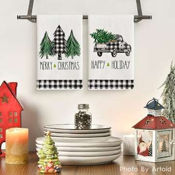 Artoid Mode Buffalo Plaid Truck Trees Kitchen Towels and Dish Towels Merry Christmas, 18 x 26 Inch W...