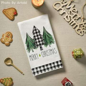 Artoid Mode Buffalo Plaid Truck Trees Kitchen Towels and Dish Towels Merry Christmas, 18 x 26 Inch Winter Drying Cloth Tea Towels for Cooking Baking Set of 2