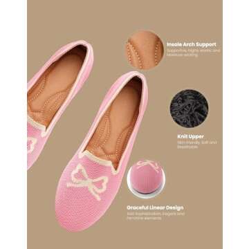 Slocyclub Women's Ballet Flats Women's Bow Print Ballet Flats Comfortable Slip On Black Mesh Dress Shoes Work Round Toe Knit Flats Shoes（Pink, 7）