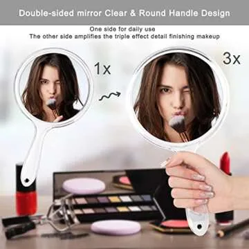 Kmchilj Makeup Hand Mirror, Double-Sided 3X 1x Magnifying Large Travel Handheld Mirror Cosmetic Mirror Acrylic Clear Finish Round Mirror