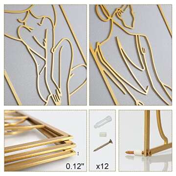 Gold Wall Decor Set of 3, 0.12'' Thicker Real Metal Modern Gold Wall Art, Minimalist Abstract Female...