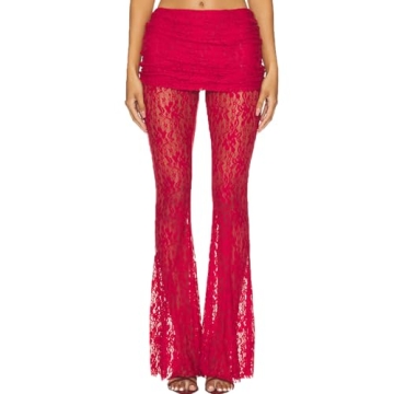 Woman Sexy See Through Lace Pants High Waist Flare