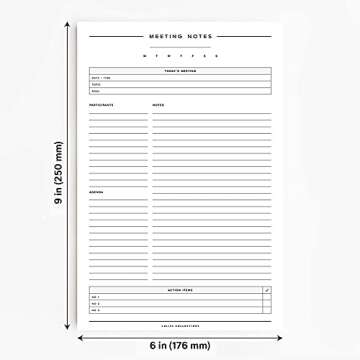Bliss Collections Meeting Notes Notepad with 50 Undated 6 x 9 Tear-Off Sheets - Minimalist Tracker, Organizer, Scheduler - Keep Track of Attendees, Agenda, Action Items and Notes, Made in the USA