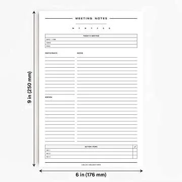 Bliss Collections Meeting Notes Notepad with 50 Undated 6 x 9 Tear-Off Sheets - Minimalist Tracker, Organizer, Scheduler - Keep Track of Attendees, Agenda, Action Items and Notes, Made in the USA
