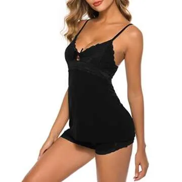 Gladiolus Women Lingerie Set Lace Sleepwear Sexy Pajamas Cami Shorts Set Black S