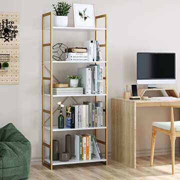 FINETONES 5 Tier Bookshelf, Industrial Gold Bookcase with Metal Frame, Modern Display Shelves Plant ...