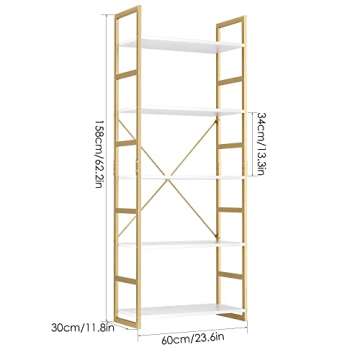 FINETONES 5 Tier Bookshelf, Industrial Gold Bookcase with Metal Frame, Modern Display Shelves Plant Flower Stand Rack for Bedroom Living Room Home Office, White and Gold