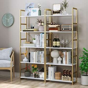 FINETONES 5 Tier Bookshelf, Industrial Gold Bookcase with Metal Frame, Modern Display Shelves Plant Flower Stand Rack for Bedroom Living Room Home Office, White and Gold