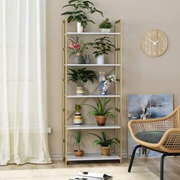 FINETONES 5 Tier Bookshelf, Industrial Gold Bookcase with Metal Frame, Modern Display Shelves Plant Flower Stand Rack for Bedroom Living Room Home Office, White and Gold