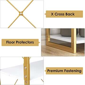 FINETONES 5 Tier Bookshelf, Industrial Gold Bookcase with Metal Frame, Modern Display Shelves Plant Flower Stand Rack for Bedroom Living Room Home Office, White and Gold