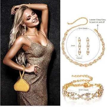 MTLEE 4 Pieces Rhinestone Necklace Choker Bracelet Earring Clutch Purses Jewelry Set Women Crystal Triangle Bling Diamond Purse Rhinestone Bag for Wedding Party (Gold)