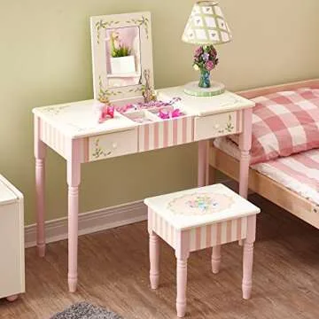 Fantasy Fields - Bouquet Thematic Kids Flip Top Mirror Vanity Table and Stool Set | Imagination Inspiring Hand Crafted & Hand Painted Details Non-Toxic, Lead Free Water-based Paint