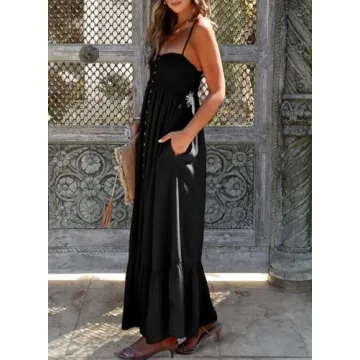 Dokotoo Womens Summer Dresses 2025 Casual Sleeveless Smocked Elastic Button Up Open Back A-Line Spaghetti Straps Flowy Beach Party Maxi Long Dress Vacation Outfits for Women Sundresses Black Small