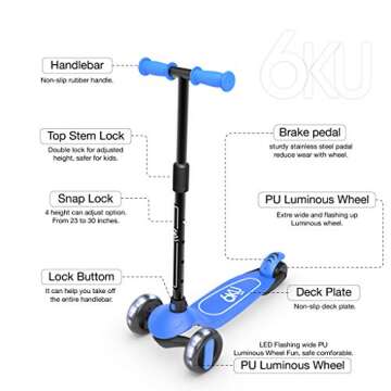 6KU Scooter for Kids Ages 3-10 with Flash Wheels, Kids Scooter 4 Adjustable Height, Toddler Scooter Extra-Wide PU LED Wheels, 3 Wheel Scooter for Kids for Girls & Boys Learn to Steer(Blue)