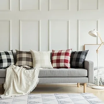 MIULEE Pack of 2 Christmas Classic Farmhouse Buffalo Check Plaids Linen Soft Soild Decorative Square Throw Pillow Covers Home Decor Cushion Case for Sofa Bedroom 18x18 Inch, White and Red