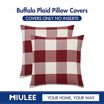 MIULEE Pack of 2 Christmas Classic Farmhouse Buffalo Check Plaids Linen Soft Soild Decorative Square Throw Pillow Covers Home Decor Cushion Case for Sofa Bedroom 18x18 Inch, White and Red